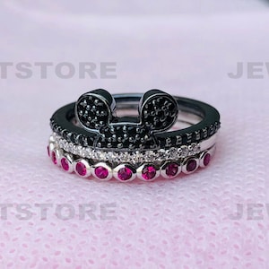 Enchanted Disney Vault Mickey Mouse Rings, Black Diamond Rings, Stackable Rings, Sterling Silver Bands, Multi Color Stackable Rings, 6264