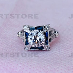 1890s Art Deco Diamond Ring, 935 Silver Ring, Blue Sapphire Ring, Antique Woman&#39;s Engagement Ring, 925 Silver Ring Vintage Wedding Ring 5476