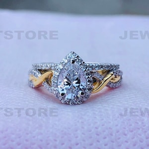 Enchanted Rapunzel 8X6 White Pear Diamond Euro Shank Band Ring Set Stering Silver Yellow Gold Rhodium Bridal Set, Valentine Gift 6606
