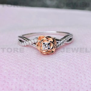 Enchanted Belle Diamond Accent Solitaire Rose Scrolled Promise Ring in 14K Two-Tone Gold Plated Over 925 Sterling Silver Charm Ring, 6711