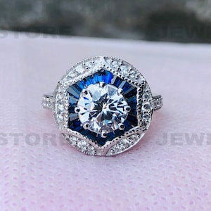 1890s 2Ct Vintage Old European Diamond Ring, Halo Blue Sapphire Art Deco Ring, Art Deco Edwardian Engagement Ring, 935 Argentium Silver 3942