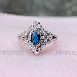 Enchanted Cinderella Ring, Blue Oval Diamond Ring, Wedding Ring, White Gold Ring, Split Shank Ring, Solid 925 Sterling Silver Ring, 6620