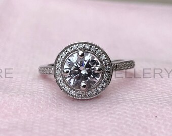 White Round Diamond Ring, White Gold Ring, Women's Engagement Wedding Ring, Round Halo Ring, Solid 925 Sterling Silver, Moissanite Ring 6635