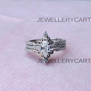 14K White Gold 1.58Ct White Oval Lab Diamond Engagement Ring Set Oval Moissanite Bridal Set Solid 925 Sterling Silver Wedding Trio Ring 6287