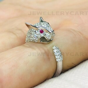 Red & White Round Diamond Panther Ring, Solid 925 Sterling Siver Ring, Unique Shaped Animal Ring, Solid White Gold Ring, Leopard Ring, 2121