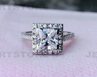 White Princess Cut Ring, Round Diamond Square Halo Ring, Engagement Ring , White Gold Ring, Wedding Ring, Moissanitge Ring, Silver Ring 3183