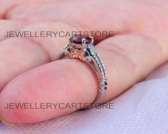 Enchanted  Snow White 6 mm Garnet and 1/10 CT. T.W. Diamond Promise Ring in 10K Two-Tone Gold Finish, Engagement Ring, Gift Ring 5769
