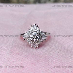 1Ct Round & Baguette Diamond Ring, Engagement Wedding Ring, Lab Diamond Ring, White Gold Ring, Moissanite Ring, Sterling Silver Ring, 6353