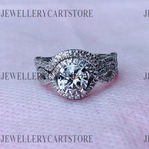 Moissanite Wedding Ring Set, 935 Argentium Silver Ring, Split Shank Matching Band, White Gold Ring Set, 925 Sterling Silver Ring Set 4193