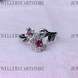 Bague fleur enchantée Disney Mulan avec rhodolite et diamant 1/10 carat en argent sterling, bague fleur unique, cadeau de naissance 5946
