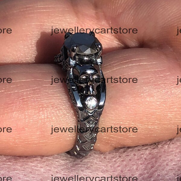 Anillo de calavera gótica, anillo de calavera negra completa, anillo de moissanita, anillo de dos calaveras, anillo negro estilo punk, anillo de calavera nerd, anillo de plata 925, 3363