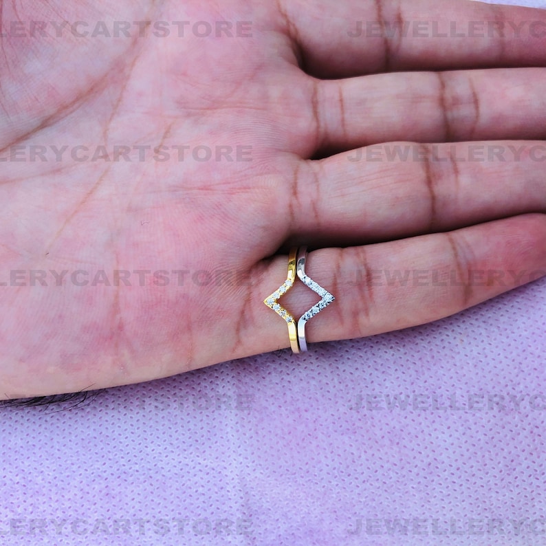 White /& Yellow Gold Rhodium Plated Ring Set Stackable Rings Delicate Charm Ring 6609 Chevron Diamond Ring Set Wonder Woman V Shape Ring