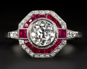 Art Deco Ring, 935 Silver Ring, Bezel Set Ring, Antique Ring, White Gold Ring, Moissanite Ring, Red Baguette Ring, Retro Stryle Ring, 6624