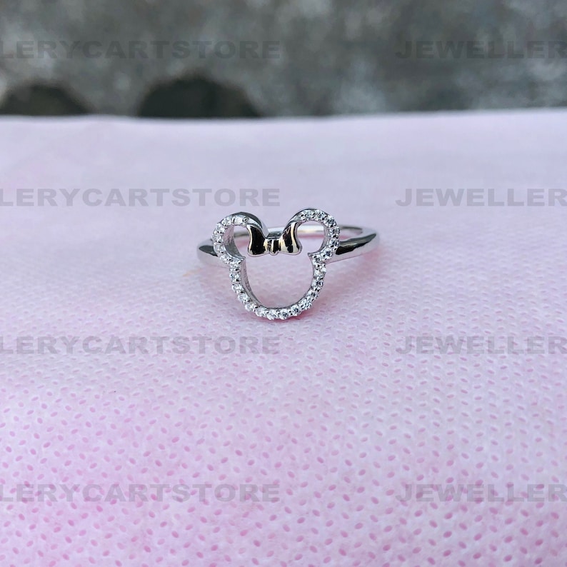 925 Sterling Silver Ring Diamond Outline Ring 6412 Young Girl Charm Ring Solid White Gold Ring T.W Mickey Mouse /& Minnie Mouse 110 CT