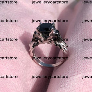 Black Round Diamond Two Skull Engagement Ring in Solid 925 Sterling Silver, Solid Black Skull Two Tone Ring, Gothic Biker Girl Ring 3328