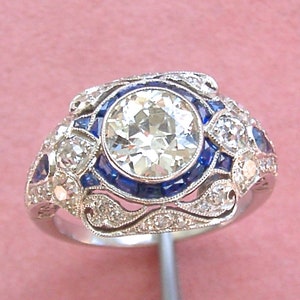 1890s Antique 2.25ct Round Old European Diamond & Sapphire Art Deco Ring Engagement Ring 935 Argentium Silver Vintage Engagement Ring, 3325
