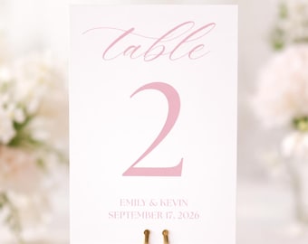 4x6 Minimalist Wedding Table Numbers Template: Modern Calligraphy Script in Classic Pink