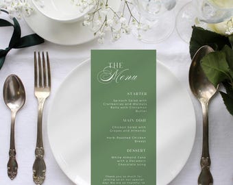 Elegant Sage Green Wedding Menu Template, Editable Canva Design (9x4)