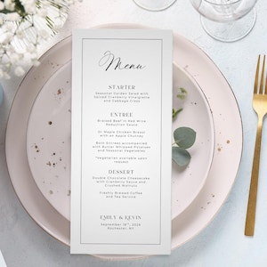 Klasyczny szablon menu weselnego, elegancka ramka, czcionka skryptowa, edytowalny wydruk Canva (pobranie cyfrowe)