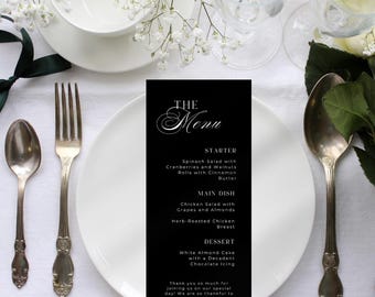 Elegant Black Wedding Menu Template, Editable Canva Design (9x4)