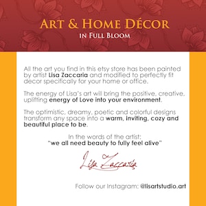 May include: A promotional image for an Etsy shop, featuring the text "ART & HOME D&Eacute;COR" and "IN FULL BLOOM." The image includes text about the artist Lisa Zaccaria and her art, with a signature and Instagram handle.