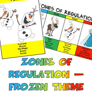 May include: A chart with a Frozen theme showing different zones of regulation. The chart is divided into four sections, each with a different color and a different character from the movie Frozen. The green section is labeled "Happy, Calm, Good to Go, Focused, Ready to Learn" and features a reindeer. The yellow section is labeled "Frustrated, Worried, Silly/Wiggly, Anxious, Excited" and features Olaf. The red section is labeled "Mad/Angry, Moaning, Yelling/Hitting, Out of Control, Need Time and Space" and features Elsa. The chart is titled "Zones of Regulation - Frozen Theme".