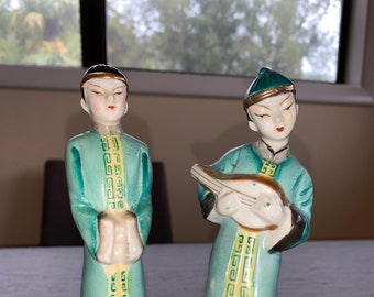 Pair of Boy and Girl Asian Statuettes - with Girl Playing Lute 1940s