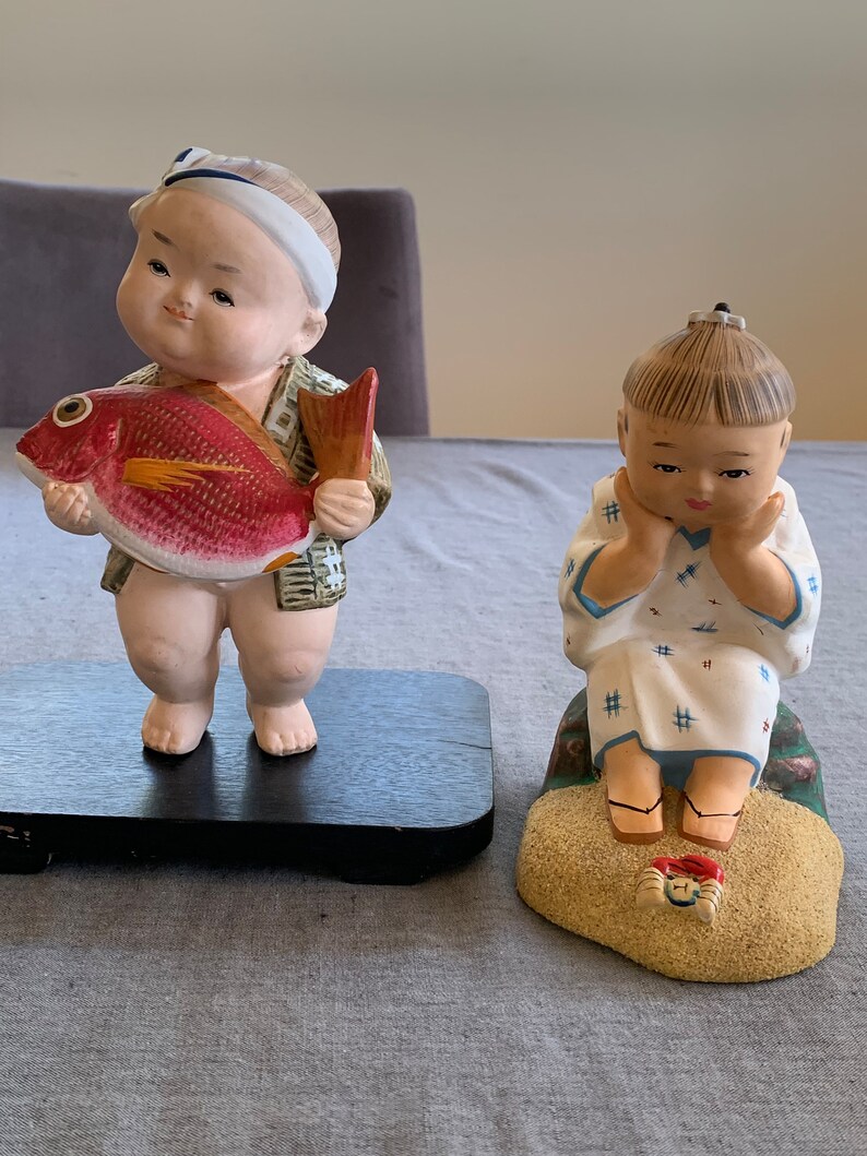 Pair 1950s Japanese Chalkware Figurines Hakata Urasaki Dolls Boy and Girl Etsy