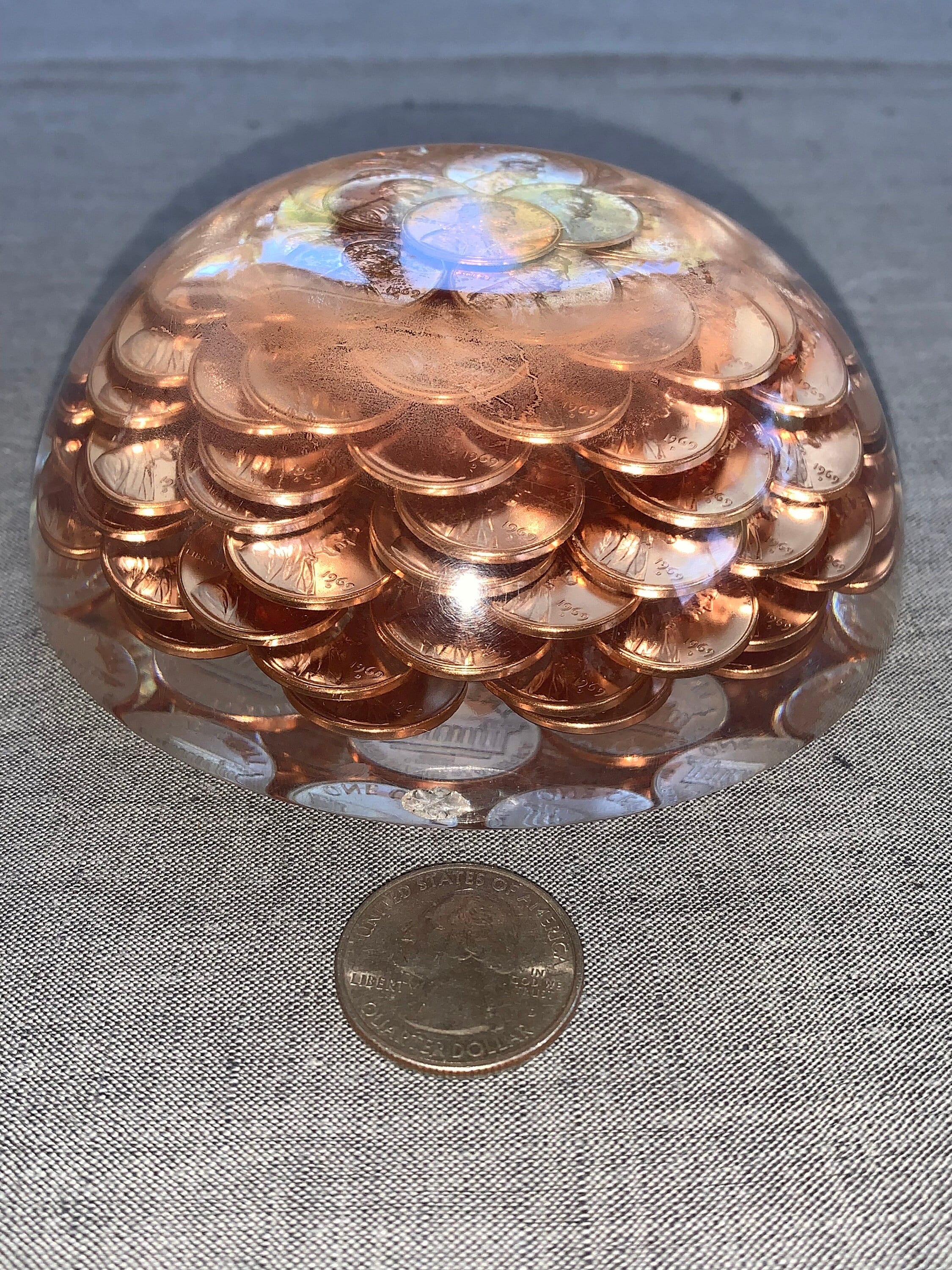 1969 Lucite Copper Penny Paperweight- Large 4.5
