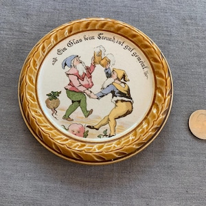 Villeroy & Boch Mettlach Porcelain Coaster Gnomes drinking Beer with Dancing Beets  pre-1910