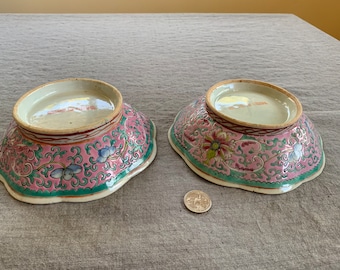 Pair of Pink and Blue Famille Rose Bowls