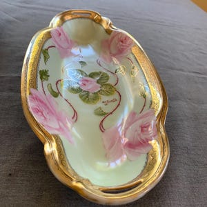 Gilded Oblong Porcelain Tray with Roses and Handles Hand painted - signed