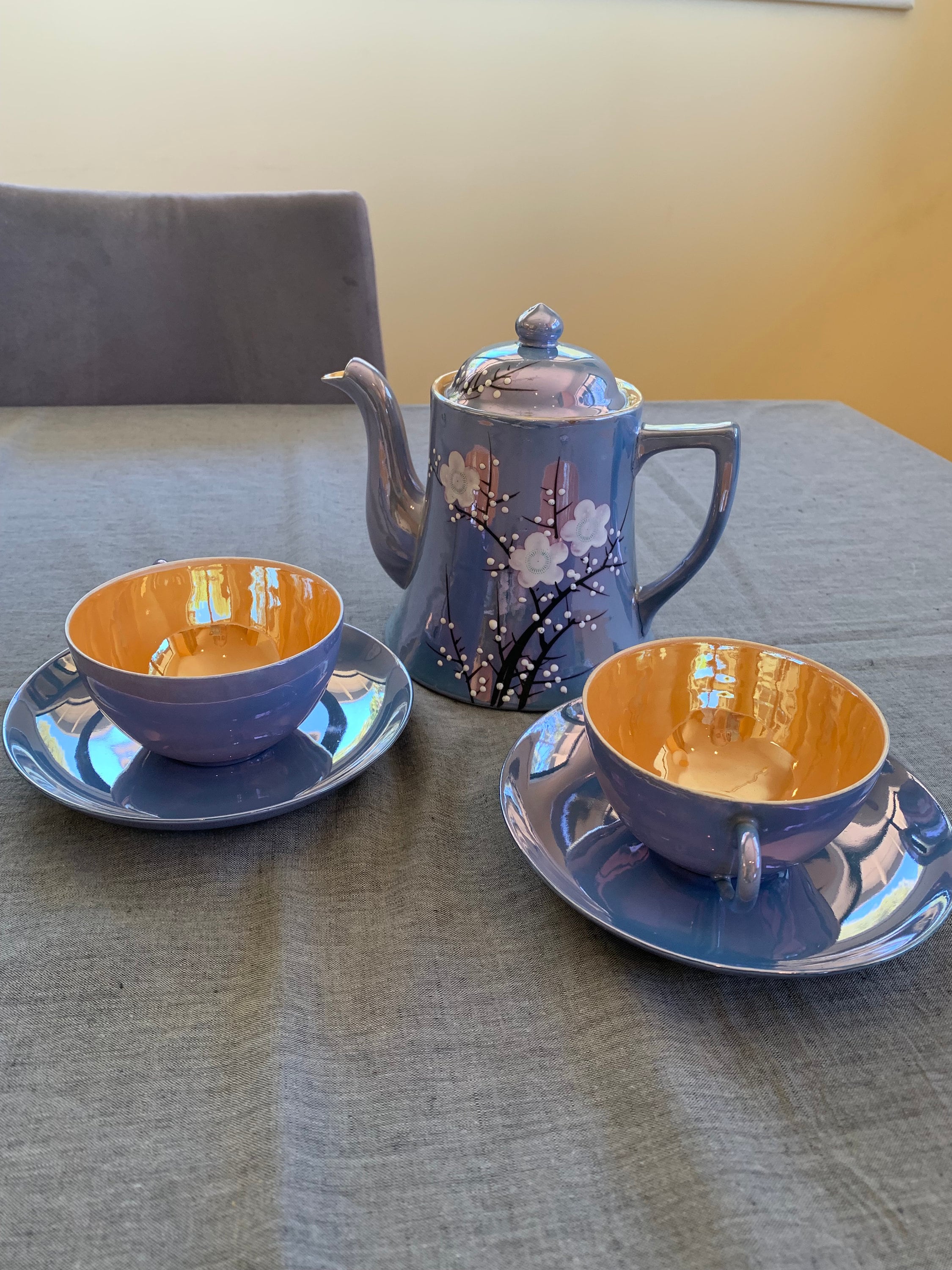 Japanese Blue Cherry Blossom Lusterware Tea Set