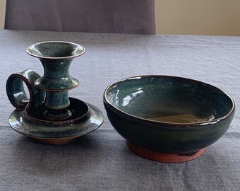 Kunst Keramik Kerzenständer und Schale Set