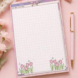 Pink Floral Notepad | Retro Computer Window Design, Grid Writing Pad