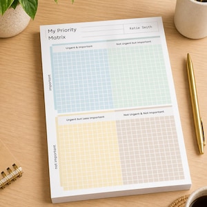 Può includere: Un blocco note bianco con il testo "My Priority Matrix" e "Katie Smith". Il blocco note è diviso in quattro quadranti con le etichette "Urgent & Important", "Not Urgent but Important", "Urgent but Less Important" e "Not Urgent & Not Important".