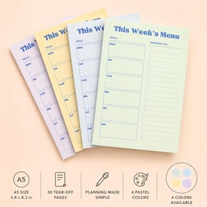 May include: Four A5 weekly meal planner pads in pastel purple, yellow, blue, and green. Each 14.8 by 21 cm sheet features the text This Week's Menu, a grid for daily meals from Monday to Sunday, and a lined shopping list with circular checkboxes.