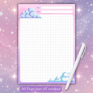 May include: A notepad with a pink and purple gradient border, featuring a pixelated cloud design. The notepad has a grid pattern and includes the text "date" and "title" at the top. A white pen rests on the right side. The notepad reads "50 Page tear off notepad".