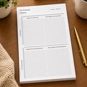 Personalized Black & White Priority Matrix Planner Notepad – Custom Name | Minimalist Task / Time Management Pad