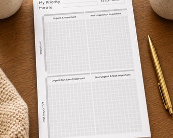 May include: A white notepad with the text "My Priority Matrix" and "Katie Smith" printed on it. The notepad is divided into four sections: "Urgent & Important", "Not Urgent but Important", "Urgent but Less Important", and "Not Urgent & Not Important". A gold pen and a coffee mug are also visible.