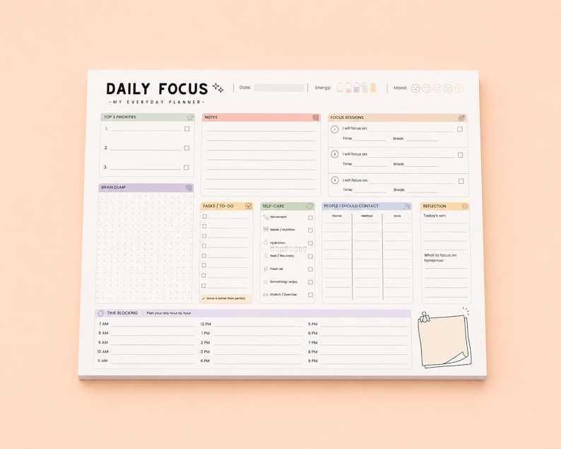 Daily Focus Planner Pad | ADHD Planner | Time Blocking Desk Pad | Executive Function Notepad | US Letter 11 x 8.5 image 4