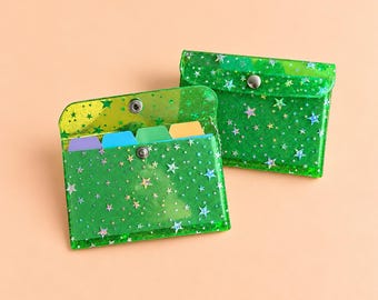Holographic Star Snap Pouch | Clear Card Holder Wallet | Green Star Pouch with Dividers | Transparent Mini Envelope Wallet