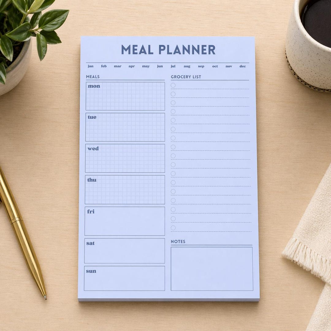 A5 Weekly Meal Planner Notepad with Grocery List | Tear-Off Menu Organizer | Magnet Option - Add magnet, Blue