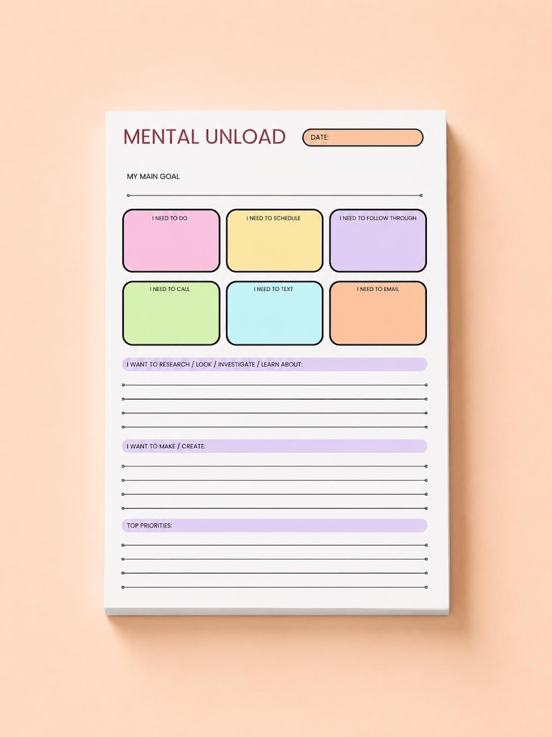 K&ouml;nnte beinhalten: Ein rechteckiger Papier-Notizblock mit der &Uuml;berschrift MENTAL UNLOAD und einem Datumsfeld. Er enth&auml;lt einen Bereich f&uuml;r MY MAIN GOAL, sechs farbige K&auml;stchen mit den Beschriftungen I NEED TO DO, SCHEDULE, FOLLOW THROUGH, CALL, TEXT und EMAIL sowie Zeilen.