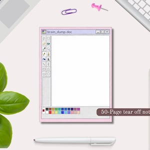 Peut inclure: Un bloc-notes rectangulaire avec une bordure rose clair pr&eacute;sentant un design d'interface num&eacute;rique intitul&eacute; brain_dump.doc. Le bloc-notes comprend une barre d'outils avec des ic&ocirc;nes, une grande zone d'&eacute;criture centrale blanche et une palette de couleurs.