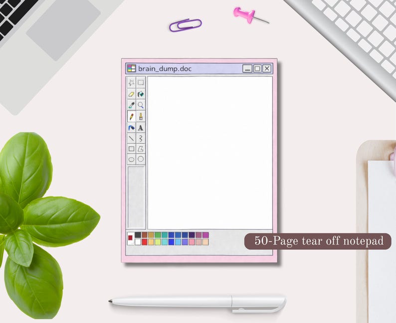 Peut inclure: Un bloc-notes rectangulaire avec une bordure rose clair pr&eacute;sentant un design d'interface num&eacute;rique intitul&eacute; brain_dump.doc. Le bloc-notes comprend une barre d'outils avec des ic&ocirc;nes, une grande zone d'&eacute;criture centrale blanche et une palette de couleurs.