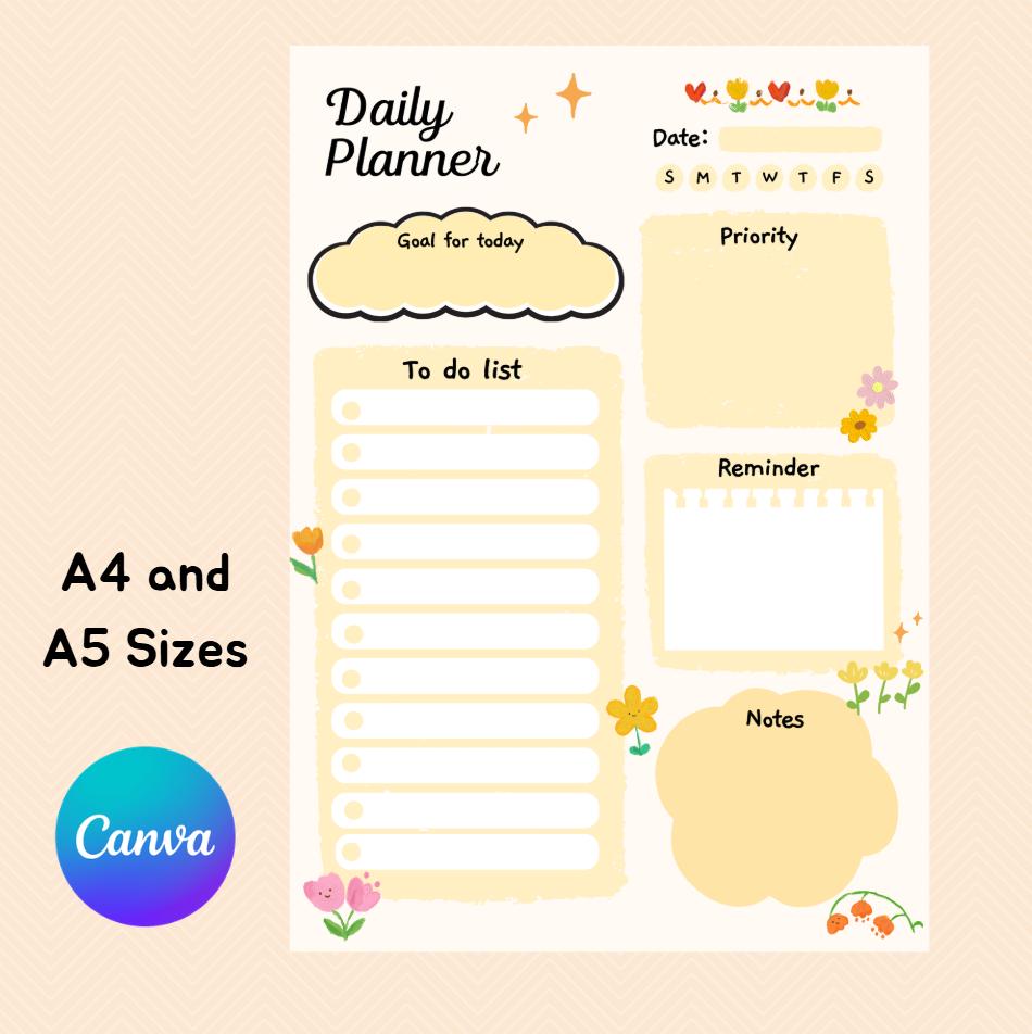 Pastel Floral Daily Planner Printable | A4 A5 Canva Template (instant ...