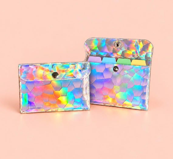 Holographic Snap Pouch | Iridescent Card Holder Wallet | Clear Pouch with Dividers | Transparent Mini Envelope Wallet