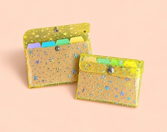 Holographic Star Snap Pouch | Clear Card Holder Wallet | Yellow Star Pouch with Dividers | Transparent Mini Envelope Wallet