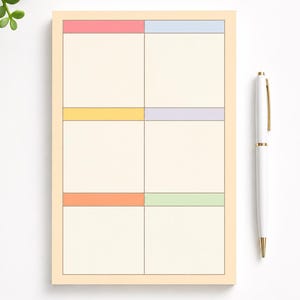 May include: A rectangular notepad with a cream-colored border featuring a grid of six blank white sections. Each section is topped with a thin horizontal bar in pastel colors including pink, light blue, yellow, lavender, orange, and light green.